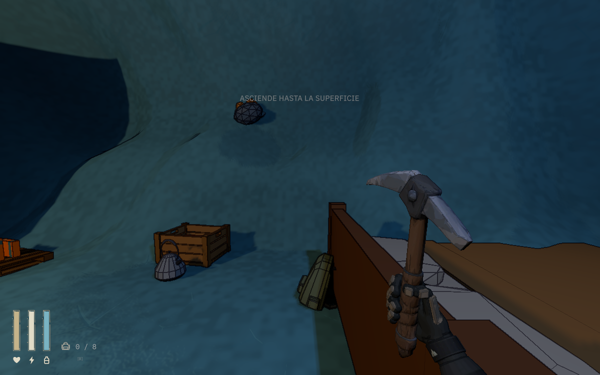 First-person view of a pickaxe inside an icy refuge in ASCENSO